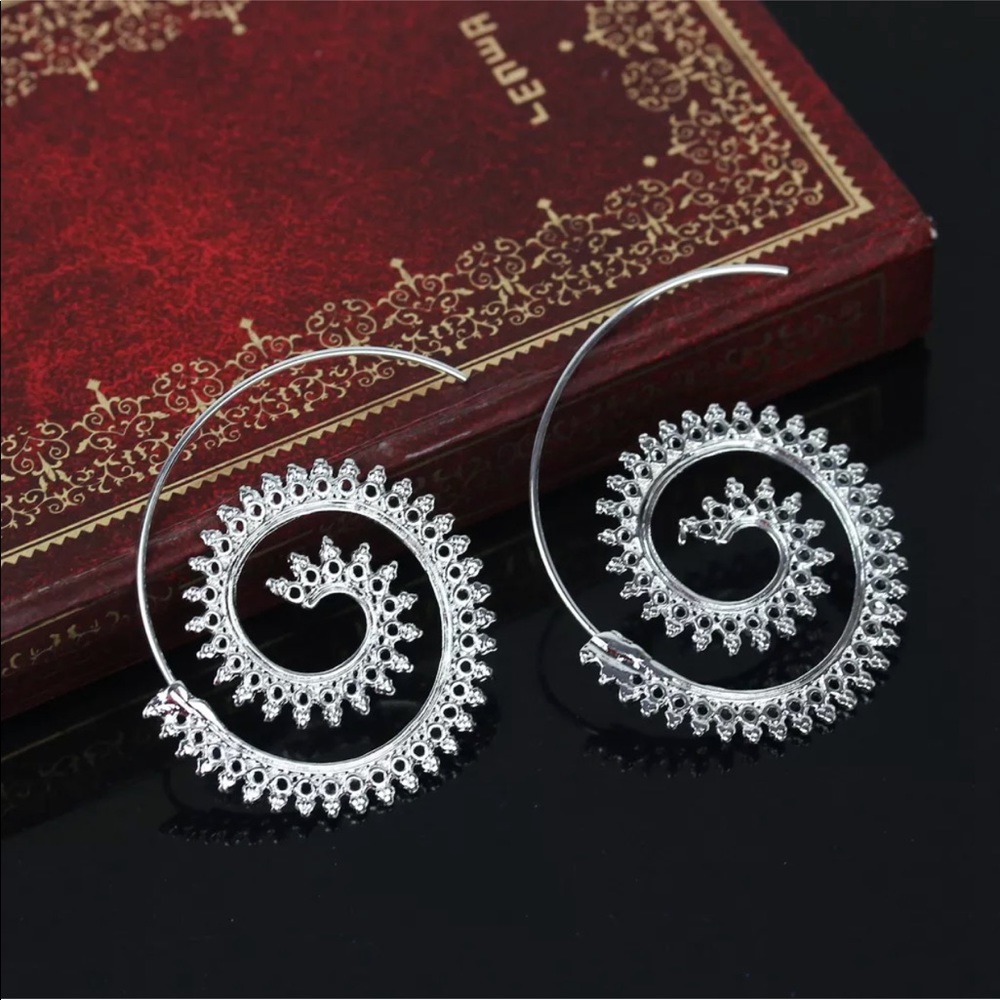 925 Silver Round Spiral Hoop Dangle Earrings - Picture 3 of 5